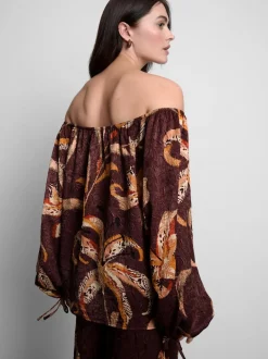 Bardot-Bluse aus Satin in Knitteroptik mit Blumenmuster