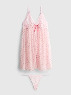 Bedrucktes Babydoll-Unterwäscheset aus Netzstoff