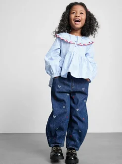 1–9 Jahre | Bestickte Barrel-Jeans aus reiner Baumwolle mit Paperbag-Bund