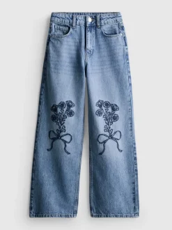 7–15 Jahre | Jeans mit weitem Bein und Blumenstickerei