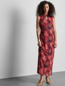 Netzstoff-Maxikleid mit Schlüssellochausschnitt und Blumenmuster