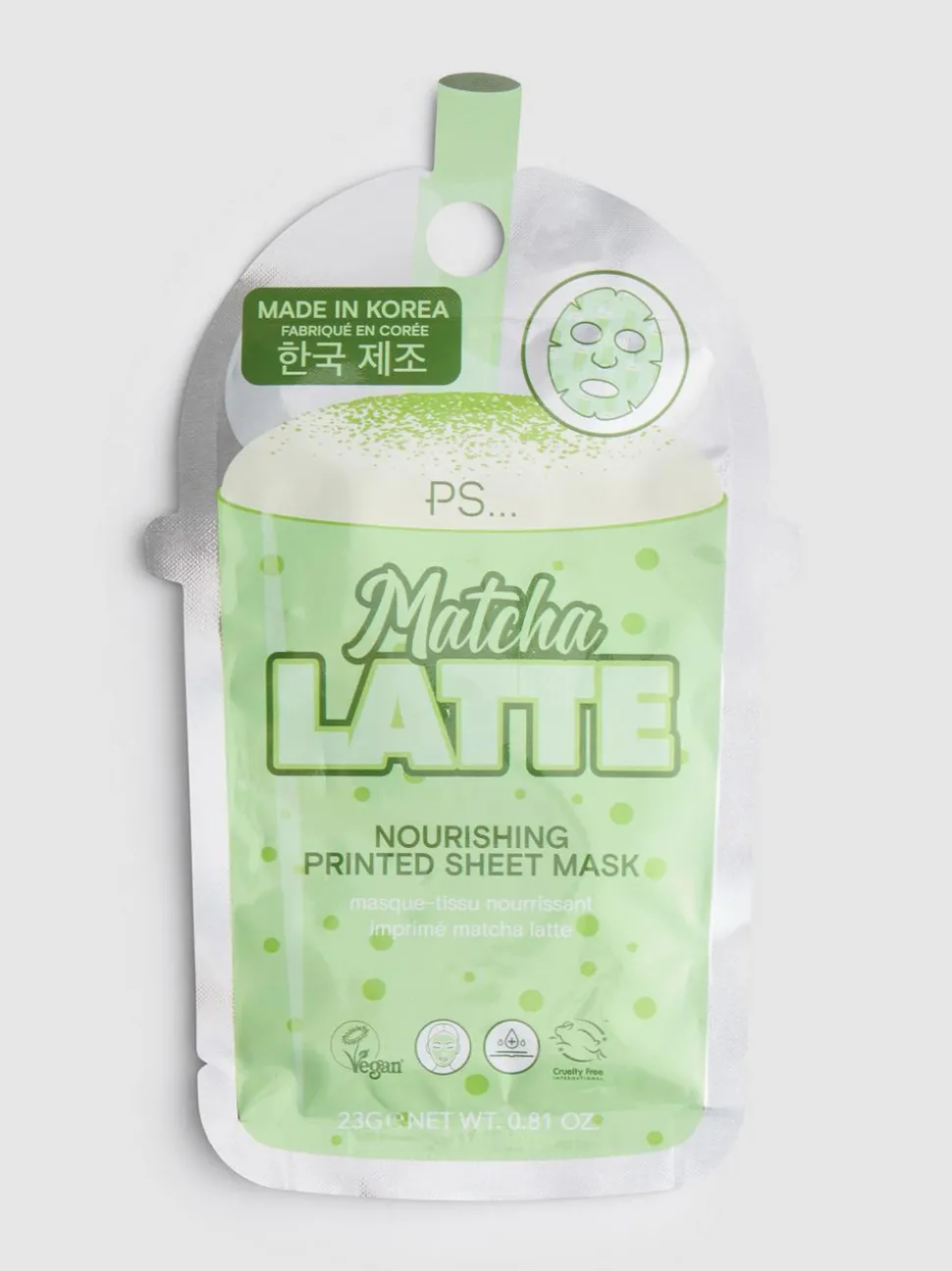 PS... Bedruckte Matcha Latte-Tuchmaske