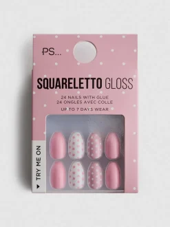 PS... Glänzende Squareletto-Kunstnägel mit Pünktchenmuster