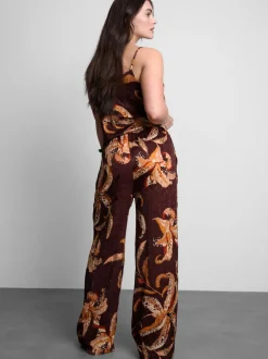 Satin-Hose in Knitteroptik mit weitem Bein und Blumenmuster