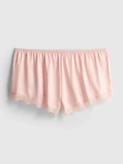 „The Edit“ Satin-Schlafshorts mit Spitzenbesatz